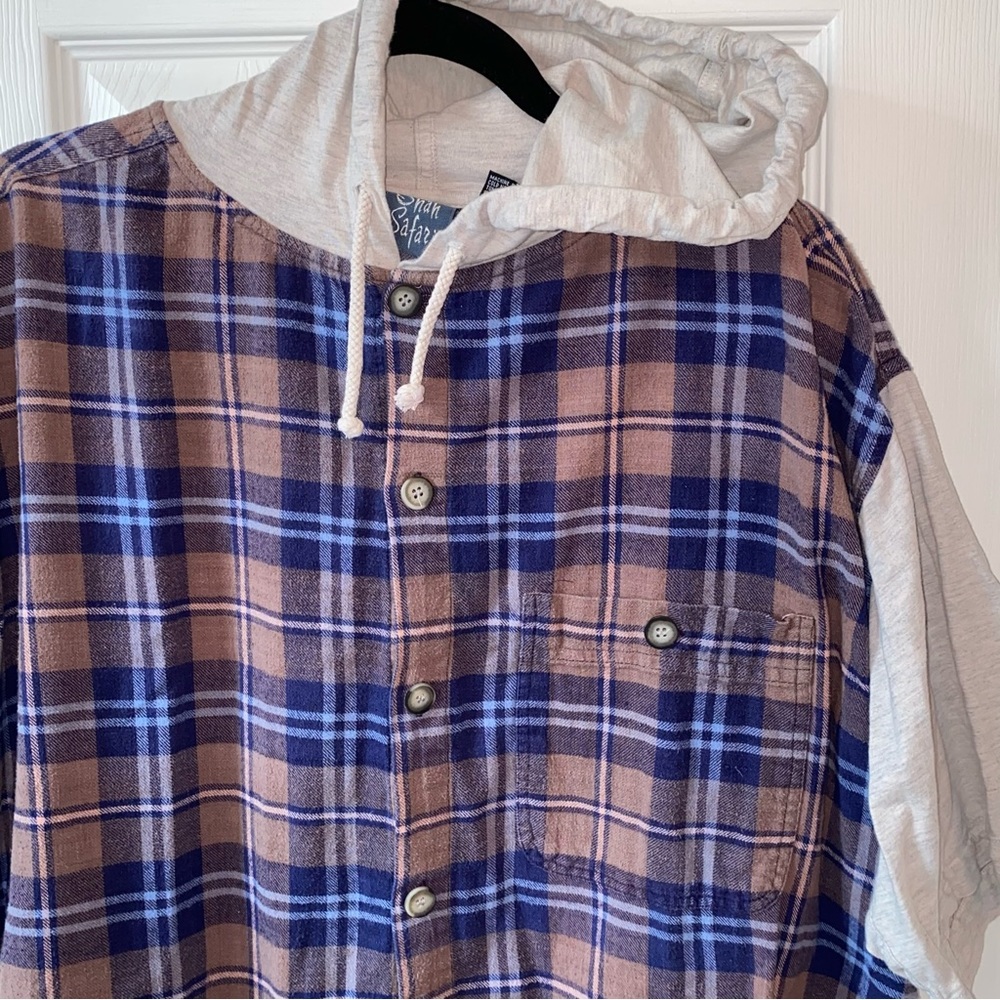 Vintage 90's Plaid Hooded Short Sleeve Flannel T-shirt - Picture 3 of 7